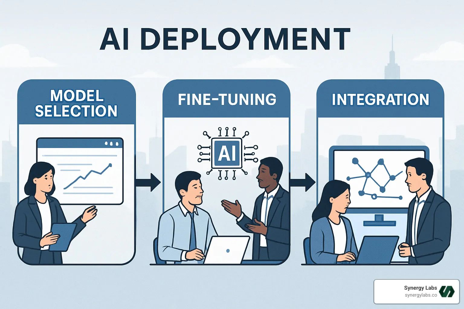 AI deployment workflow showing model selection, fine-tuning, and integration - custom ai integration AI deployment workflow showing model selection, fine-tuning, and integration - custom ai integration