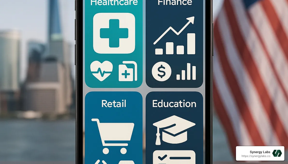 Industry-specific mobile applications showing healthcare, finance, retail, and education solutions - Top 10 App Development Companies In Dallas