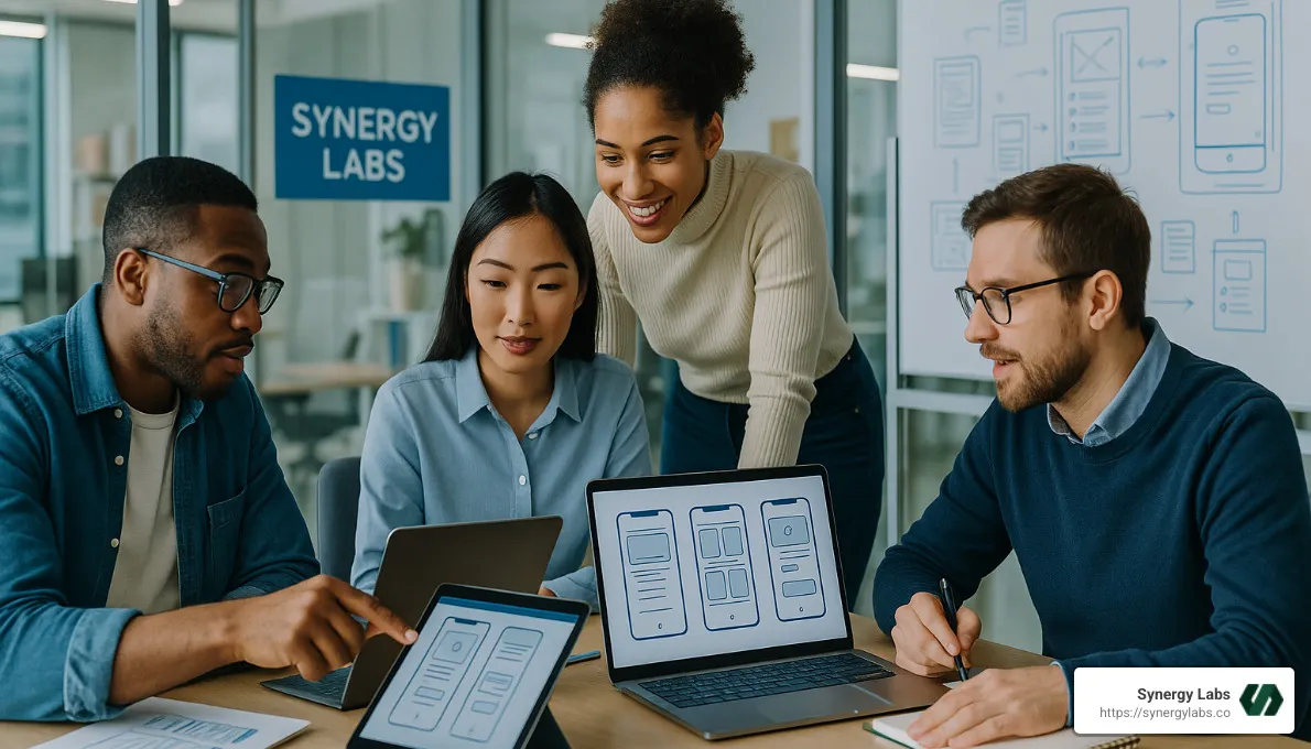 Synergy Labs mobile app development team at work - user experience in mobile apps Synergy Labs mobile app development team at work - user experience in mobile apps