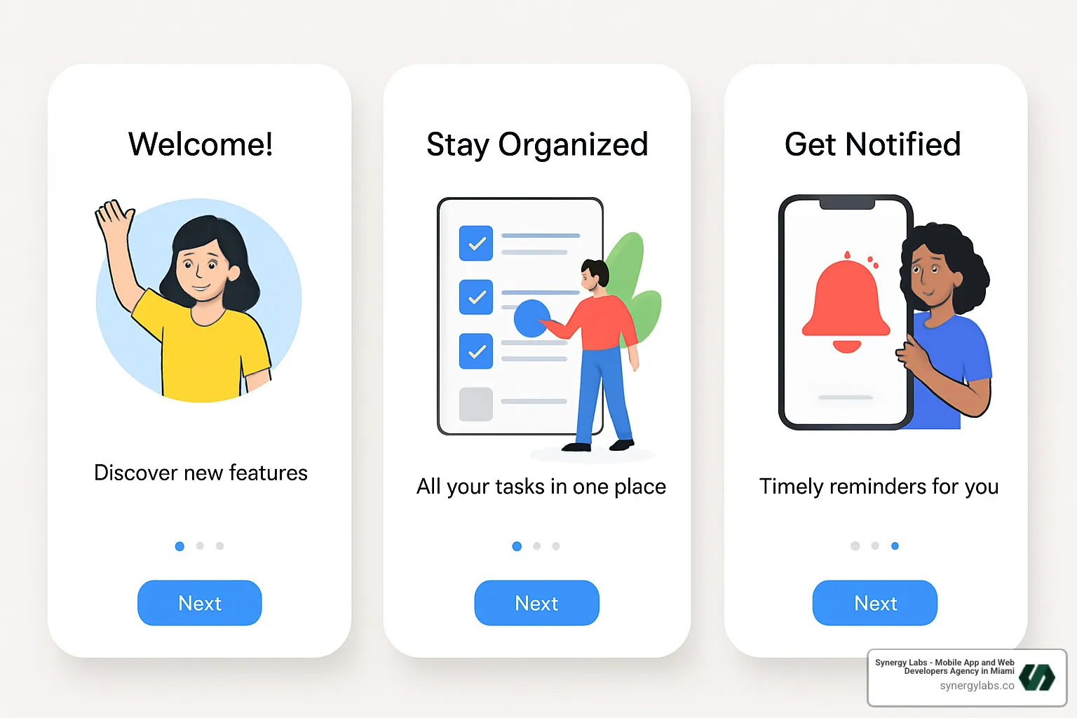 App onboarding walkthrough screens showing progressive disclosure - Common UI/UX issues in unfinished mobile app designs App onboarding walkthrough screens showing progressive disclosure - Common UI/UX issues in unfinished mobile app designs