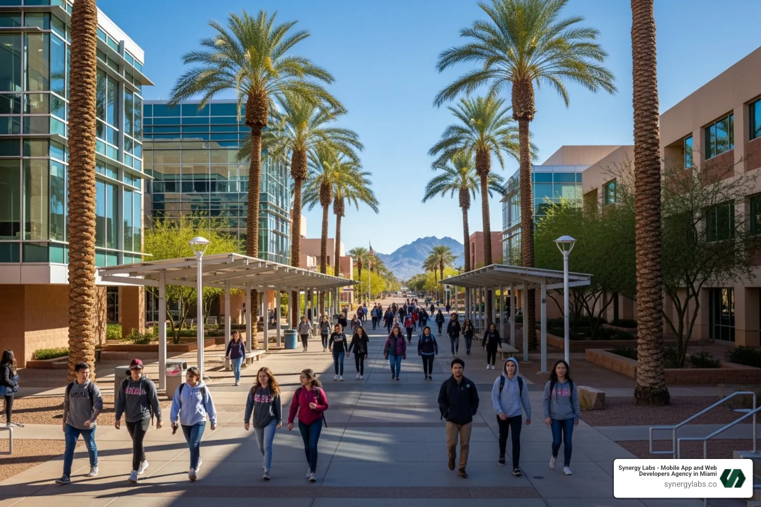 of the Arizona State University campus, representing the local talent pipeline - Cost advantages of Phoenix vs Silicon Valley for Mobile Dev Companies of the Arizona State University campus, representing the local talent pipeline - Cost advantages of Phoenix vs Silicon Valley for Mobile Dev Companies