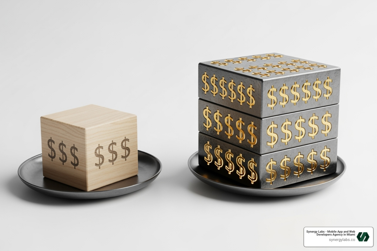 A scale balancing a "FlutterFlow" block against a "Traditional Coding" block, with dollar signs indicating the cost difference - All About FlutterFlow Pricing: The True Cost of No-Code Apps