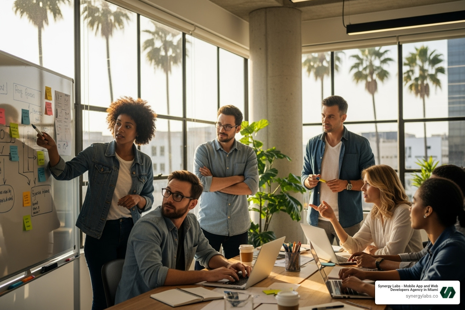 A diverse and collaborative team brainstorming in a modern, sunlit office, embodying the Hollywood Model's influence on LA's tech startup culture - Beyond Hollywood: How LA Tech is Fueling Creative App Solutions