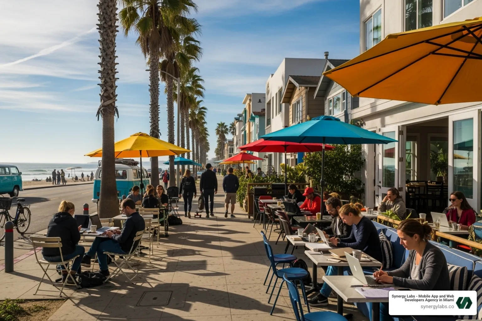 A vibrant street scene in Santa Monica or Venice Beach with people on laptops at outdoor cafes, highlighting the relaxed yet productive atmosphere of Silicon Beach - Beyond Hollywood: How LA Tech is Fueling Creative App Solutions A vibrant street scene in Santa Monica or Venice Beach with people on laptops at outdoor cafes, highlighting the relaxed yet productive atmosphere of Silicon Beach - Beyond Hollywood: How LA Tech is Fueling Creative App Solutions