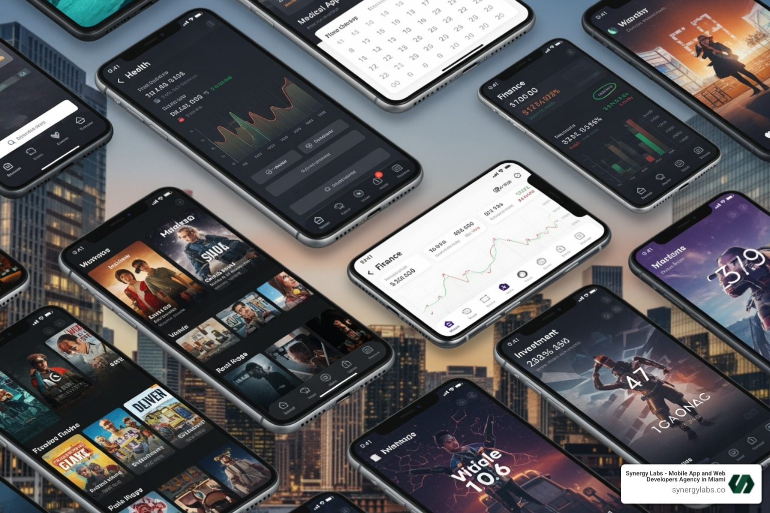 A collage of app interfaces from different sectors like health, finance, and entertainment, showcasing the diverse range of creative app solutions originating from LA - Beyond Hollywood: How LA Tech is Fueling Creative App Solutions