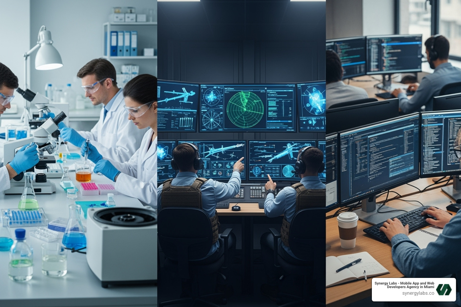 Collage of biotech labs, defense technology, and software developers working on computers - Why San Diego Is Emerging as a Hub for App Dev + AI Innovation in 2025
