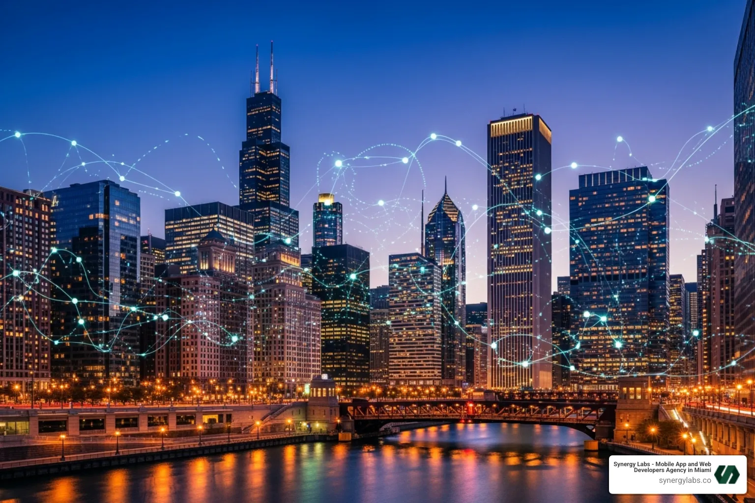 Chicago skyline with digital technology overlay - Chicago’s Competitive Edge: Building Secure Enterprise Apps in the Midwes Chicago skyline with digital technology overlay - Chicago’s Competitive Edge: Building Secure Enterprise Apps in the Midwes