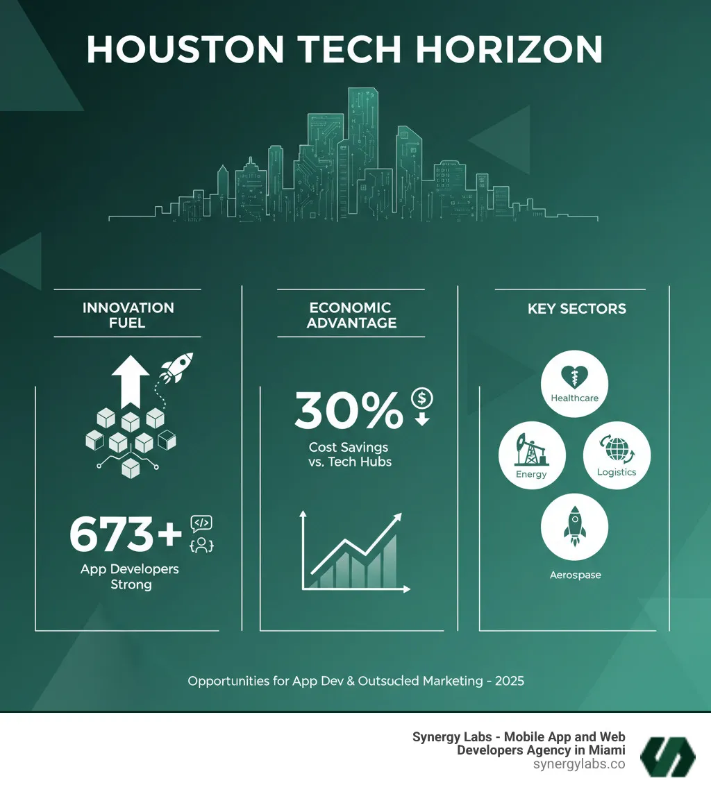 Infographic showing Houston's tech sector growth compared to traditional energy and space industries, highlighting key statistics like 673+ app developers, 30% cost savings vs Silicon Valley, and major industry verticals including healthcare, energy, logistics and aerospace - Houston’s Tech Scene: Opportunities for App Dev and Outsourced Marketing infographic 4_facts_emoji_light-gradient