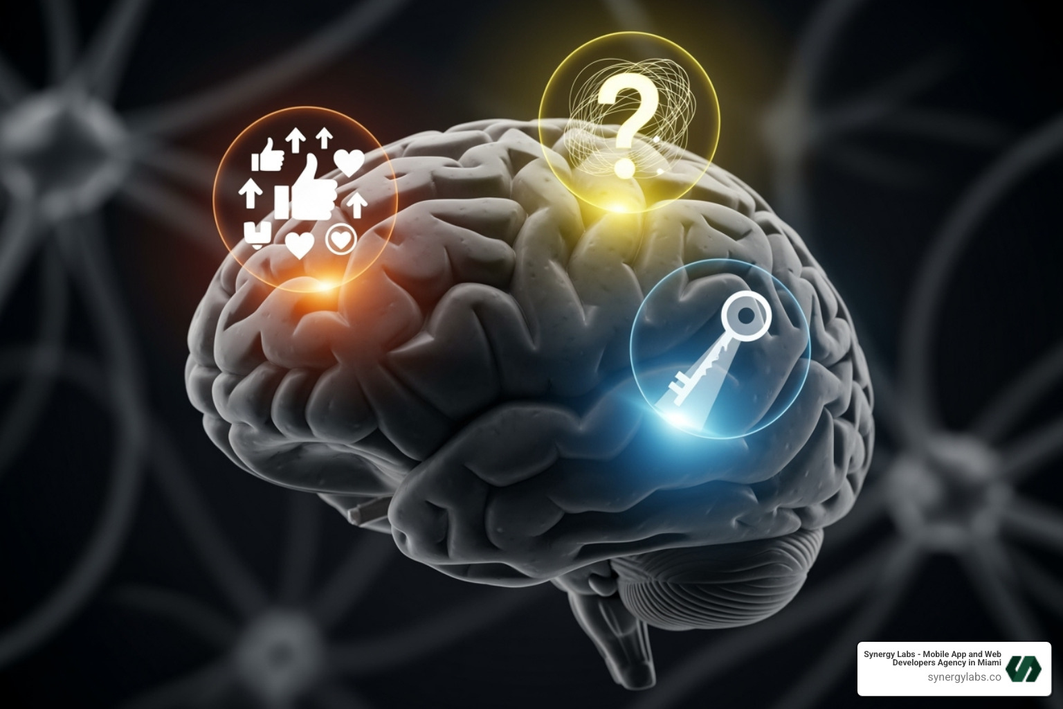 a brain with icons representing social validation, curiosity, and exclusivity - Why Every App Nikita Bier Touches Finds Viral Success