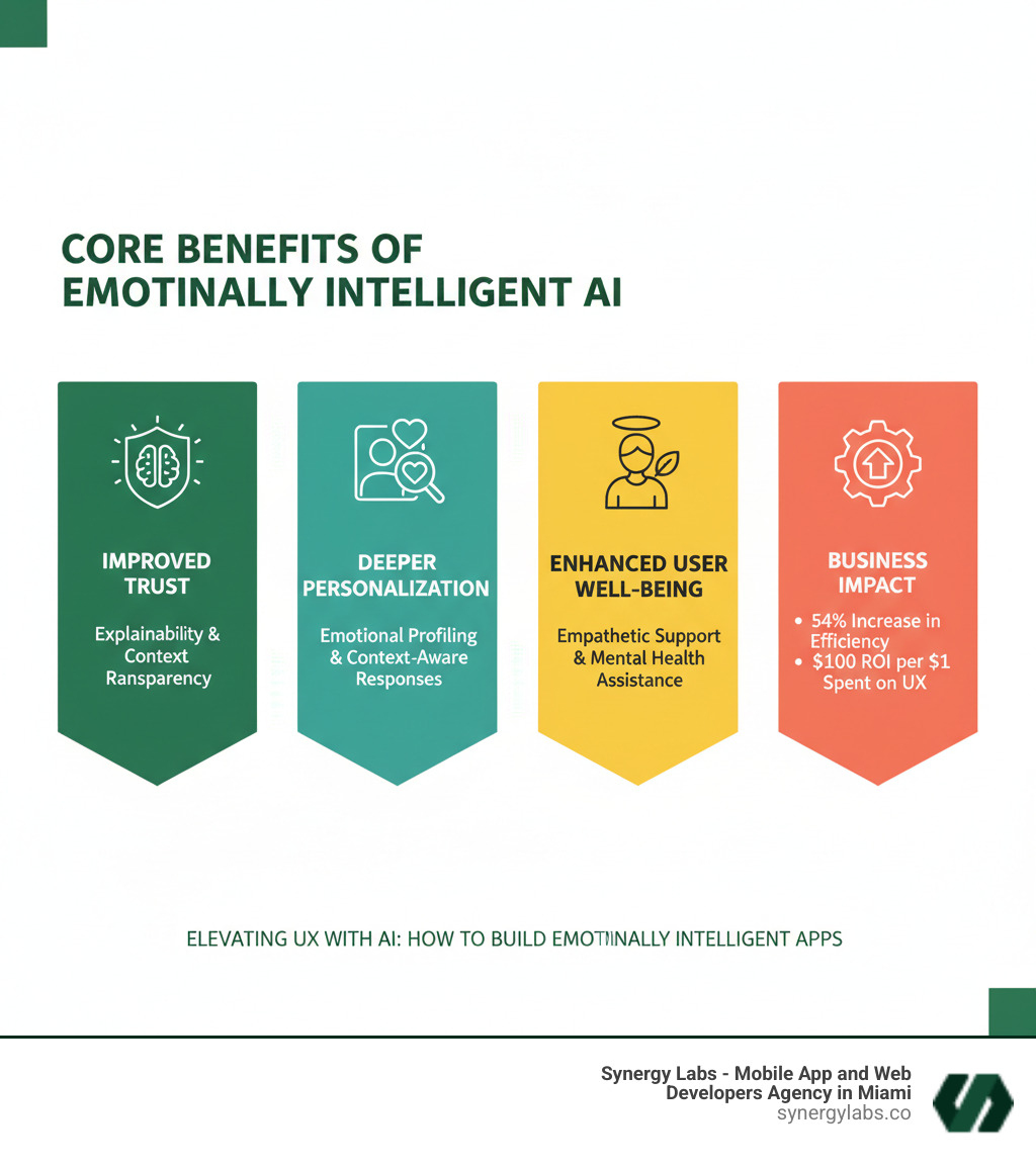 Infographic showing the core benefits of emotionally intelligent AI including improved trust through explainability and transparency, deeper personalization via emotional profiling and context-aware responses, enhanced user well-being through empathetic support and mental health assistance, and business impact with 54% increase in efficiency and $100 ROI per $1 spent on UX - Elevating UX with AI: How to Build Emotionally Intelligent Apps infographic 