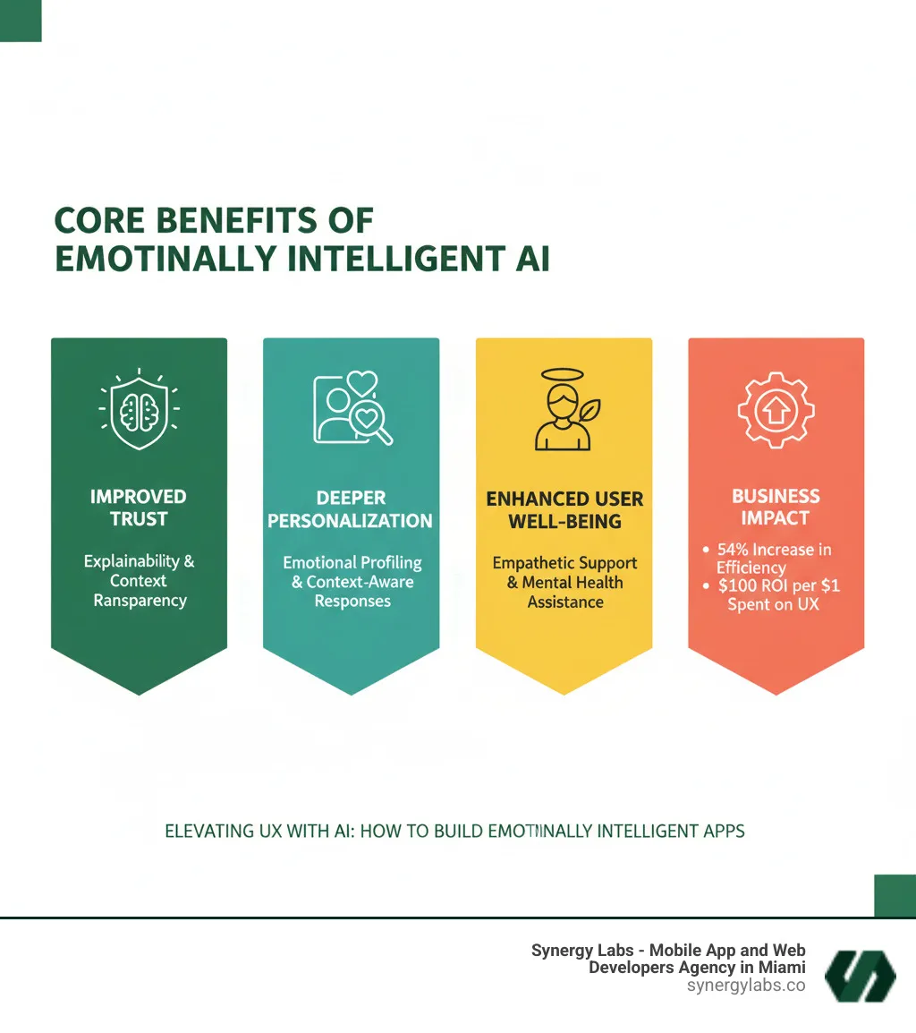 Infographic showing the core benefits of emotionally intelligent AI including improved trust through explainability and transparency, deeper personalization via emotional profiling and context-aware responses, enhanced user well-being through empathetic support and mental health assistance, and business impact with 54% increase in efficiency and $100 ROI per $1 spent on UX - Elevating UX with AI: How to Build Emotionally Intelligent Apps infographic Infographic showing the core benefits of emotionally intelligent AI including improved trust through explainability and transparency, deeper personalization via emotional profiling and context-aware responses, enhanced user well-being through empathetic support and mental health assistance, and business impact with 54% increase in efficiency and $100 ROI per $1 spent on UX - Elevating UX with AI: How to Build Emotionally Intelligent Apps infographic