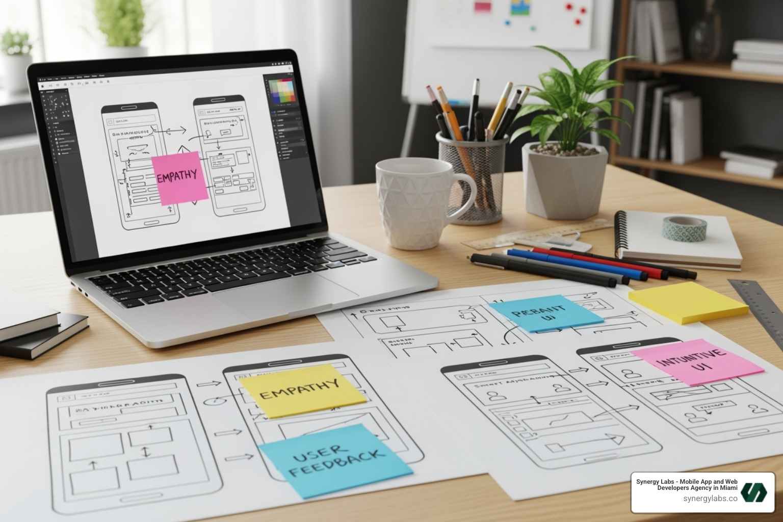 UX designer's desk showing wireframes for an AI app with notes on empathy and user feedback - Elevating UX with AI: How to Build Emotionally Intelligent Apps