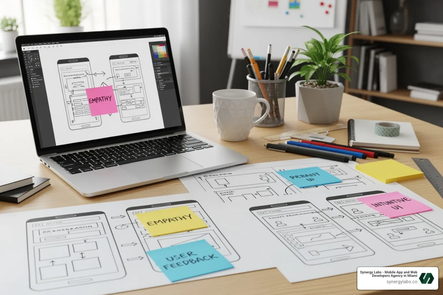 UX designer's desk showing wireframes for an AI app with notes on empathy and user feedback - Elevating UX with AI: How to Build Emotionally Intelligent Apps UX designer's desk showing wireframes for an AI app with notes on empathy and user feedback - Elevating UX with AI: How to Build Emotionally Intelligent Apps