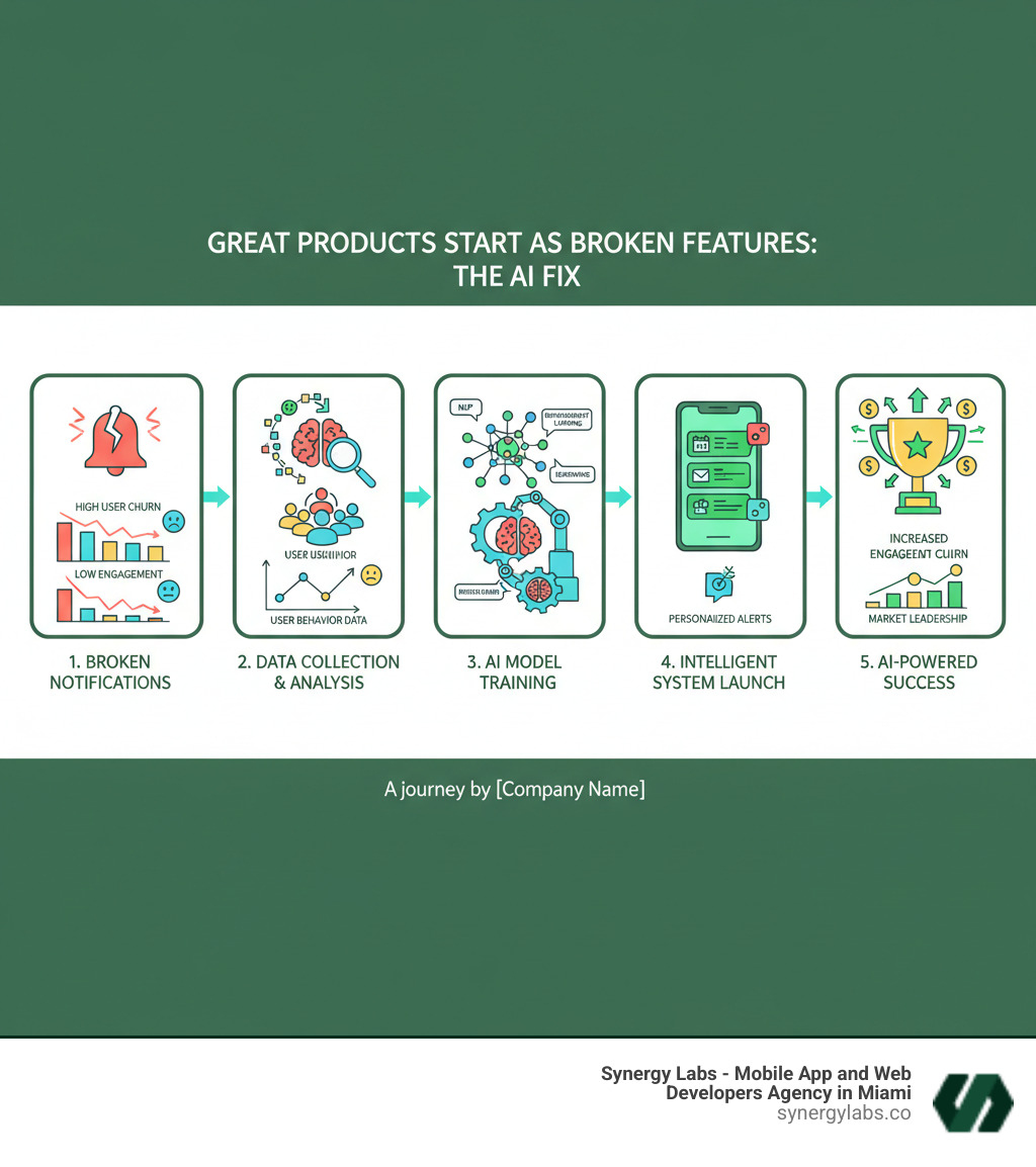 Infographic showing the journey from broken feature to AI-powered success: Stage 1 shows a broken notification system with high user churn and low engagement; Stage 2 displays the pivot moment where user behavior data is collected and analyzed; Stage 3 illustrates AI model training using NLP and reinforcement learning; Stage 4 demonstrates the launch of the intelligent system with personalized notifications; Stage 5 shows the results with increased engagement, reduced churn, and market leadership - Great Products Start as Broken Features: The AI Fix Behind WisprFlow’s Success infographic 