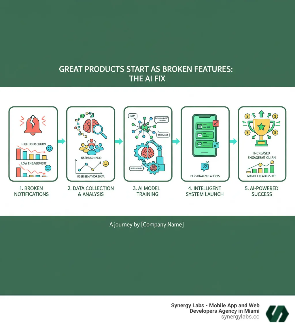 Infographic showing the journey from broken feature to AI-powered success: Stage 1 shows a broken notification system with high user churn and low engagement; Stage 2 displays the pivot moment where user behavior data is collected and analyzed; Stage 3 illustrates AI model training using NLP and reinforcement learning; Stage 4 demonstrates the launch of the intelligent system with personalized notifications; Stage 5 shows the results with increased engagement, reduced churn, and market leadership - Great Products Start as Broken Features: The AI Fix Behind WisprFlow’s Success infographic Infographic showing the journey from broken feature to AI-powered success: Stage 1 shows a broken notification system with high user churn and low engagement; Stage 2 displays the pivot moment where user behavior data is collected and analyzed; Stage 3 illustrates AI model training using NLP and reinforcement learning; Stage 4 demonstrates the launch of the intelligent system with personalized notifications; Stage 5 shows the results with increased engagement, reduced churn, and market leadership - Great Products Start as Broken Features: The AI Fix Behind WisprFlow’s Success infographic
