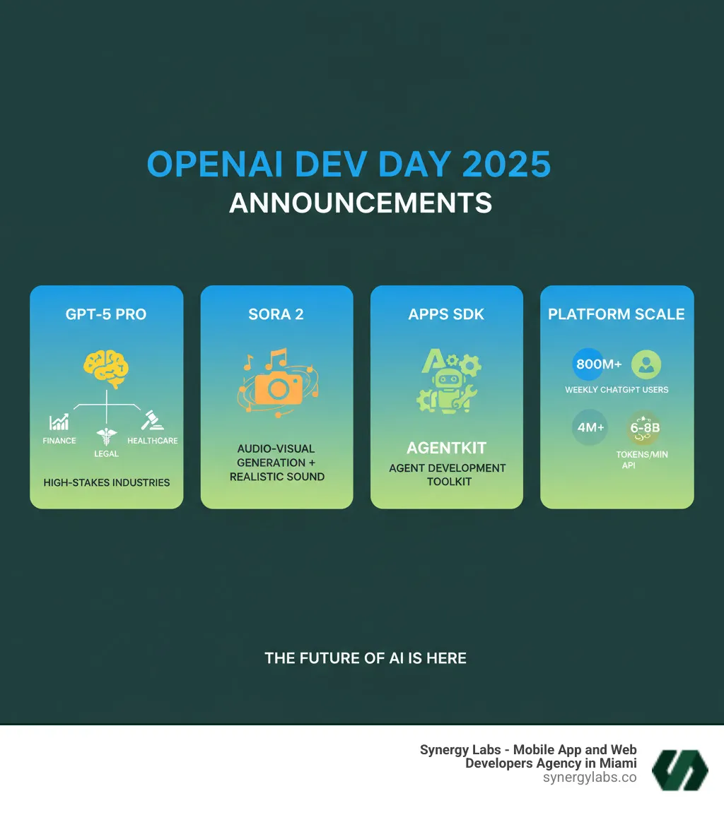 Detailed infographic showing OpenAI DevDay 2025 announcements including GPT-5 Pro capabilities for high-stakes industries, Sora 2's audio-visual generation features, the Apps SDK architecture for building inside ChatGPT, AgentKit components for agent development, and key statistics about OpenAI's platform scale - OpenAI DevDay 2025: What You Missed — Major Announcements & Roadmap infographic Detailed infographic showing OpenAI DevDay 2025 announcements including GPT-5 Pro capabilities for high-stakes industries, Sora 2's audio-visual generation features, the Apps SDK architecture for building inside ChatGPT, AgentKit components for agent development, and key statistics about OpenAI's platform scale - OpenAI DevDay 2025: What You Missed — Major Announcements & Roadmap infographic