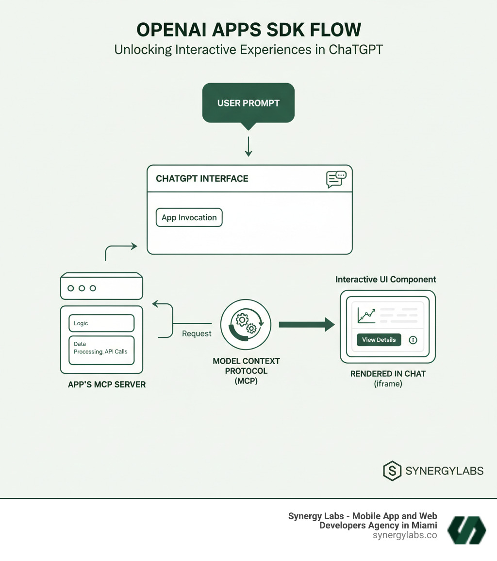 Infographic showing the flow from user prompt in ChatGPT to app's MCP server processing the request, then returning an interactive UI component that renders in the chat - Building with Apps SDK: How OpenAI Is Opening ChatGPT to All Developers infographic 