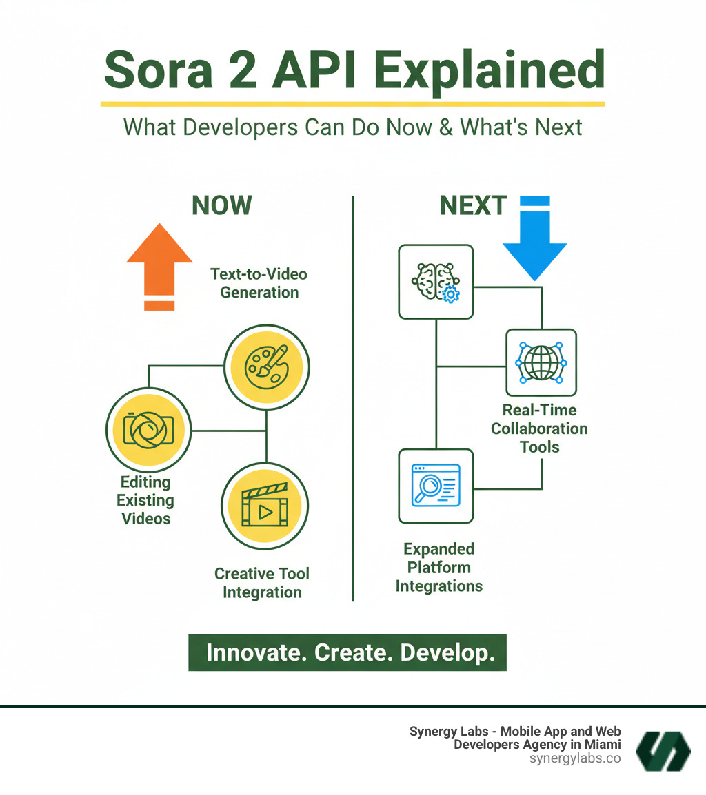 Infographic showing the evolution of AI generation from text-to-image (DALL-E) to text-to-video (Sora 1) to text-to-video-with-audio (Sora 2), with icons representing each stage and key capabilities listed: static images, moving visuals, and synchronized audio-visual generation. Timeline shows progression from 2021 to 2025 with increasing complexity and realism. - Sora 2 API Explained: What Developers Can Do Now & What’s Next infographic 