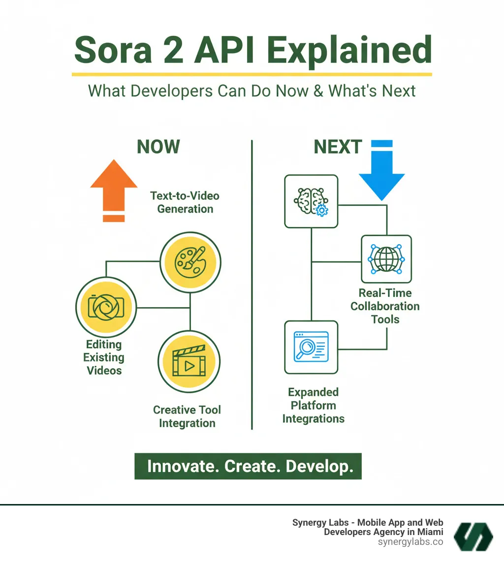 Infographic showing the evolution of AI generation from text-to-image (DALL-E) to text-to-video (Sora 1) to text-to-video-with-audio (Sora 2), with icons representing each stage and key capabilities listed: static images, moving visuals, and synchronized audio-visual generation. Timeline shows progression from 2021 to 2025 with increasing complexity and realism. - Sora 2 API Explained: What Developers Can Do Now & What’s Next infographic Infographic showing the evolution of AI generation from text-to-image (DALL-E) to text-to-video (Sora 1) to text-to-video-with-audio (Sora 2), with icons representing each stage and key capabilities listed: static images, moving visuals, and synchronized audio-visual generation. Timeline shows progression from 2021 to 2025 with increasing complexity and realism. - Sora 2 API Explained: What Developers Can Do Now & What’s Next infographic