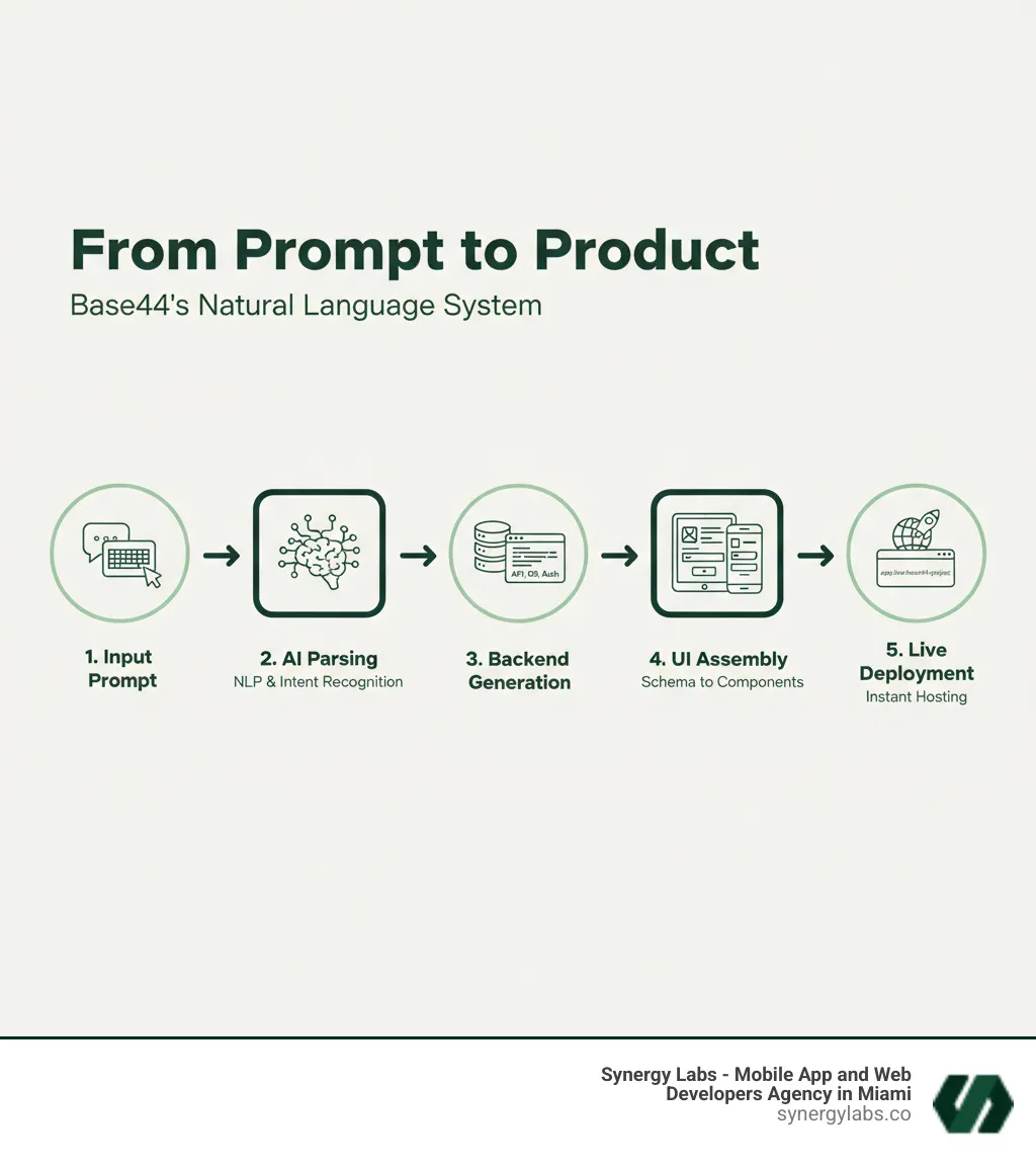Infographic showing the step-by-step flow from a user typing a natural language prompt into a chat interface, through AI interpretation and backend generation, schema creation, UI component assembly, to final deployment with a live app URL. Include icons representing natural language input, AI brain processing, database tables, code snippets, UI mockups, and a deployed web application. Use a clean, professional design with a green accent color and clear labels for each stage: Input Prompt, AI Parsing, Backend Generation, UI Assembly, and Live Deployment. - From Prompt to Product: How Natural Language Systems Work infographic 