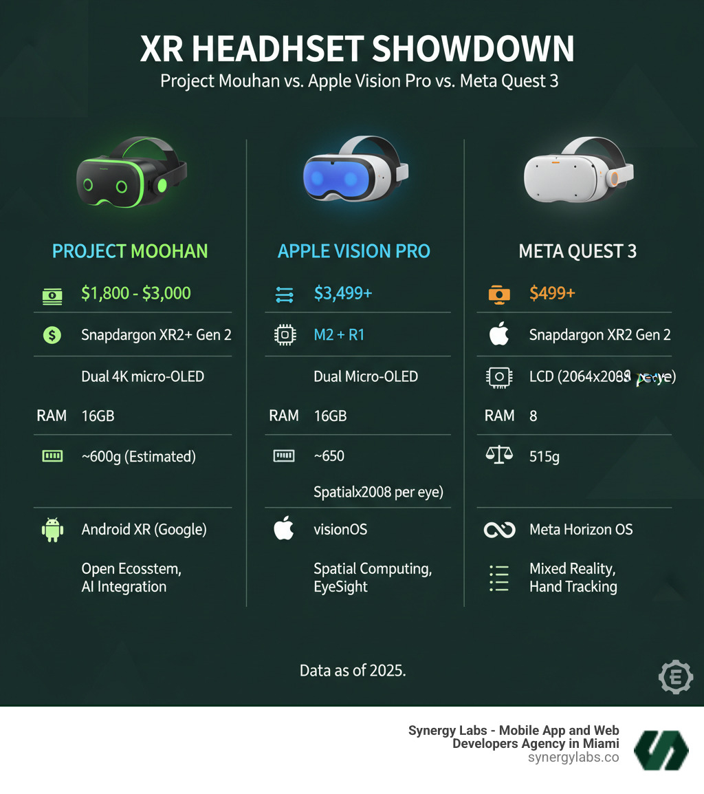 Infographic comparing Project Moohan vs other leading headsets' specifications including price ranges, processors, display technology, RAM, weight, operating systems, and key features - Samsung names the date: Project Moohan is coming for the Apple Vision Pro. infographic  Infographic comparing Project Moohan vs other leading headsets' specifications including price ranges, processors, display technology, RAM, weight, operating systems, and key features - Samsung names the date: Project Moohan is coming for the Apple Vision Pro. infographic