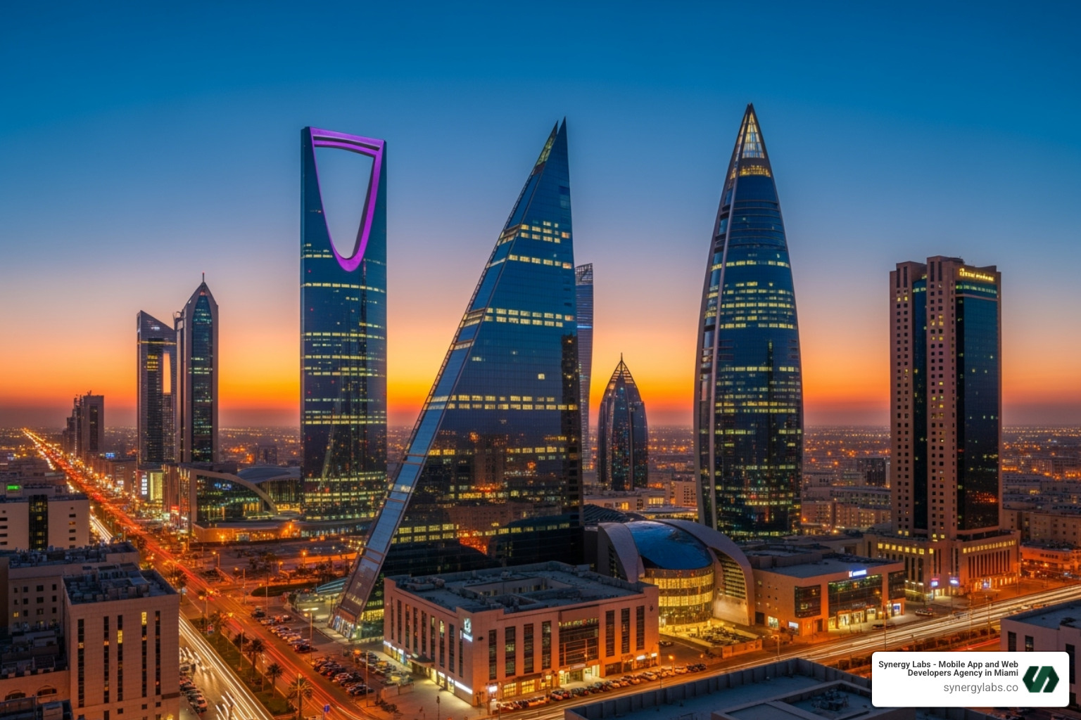 Riyadh skyline - Riyadh app development, Saudi Arabia mobile app agency, custom software Riyadh, MENA mobile apps, Saudi digital product services