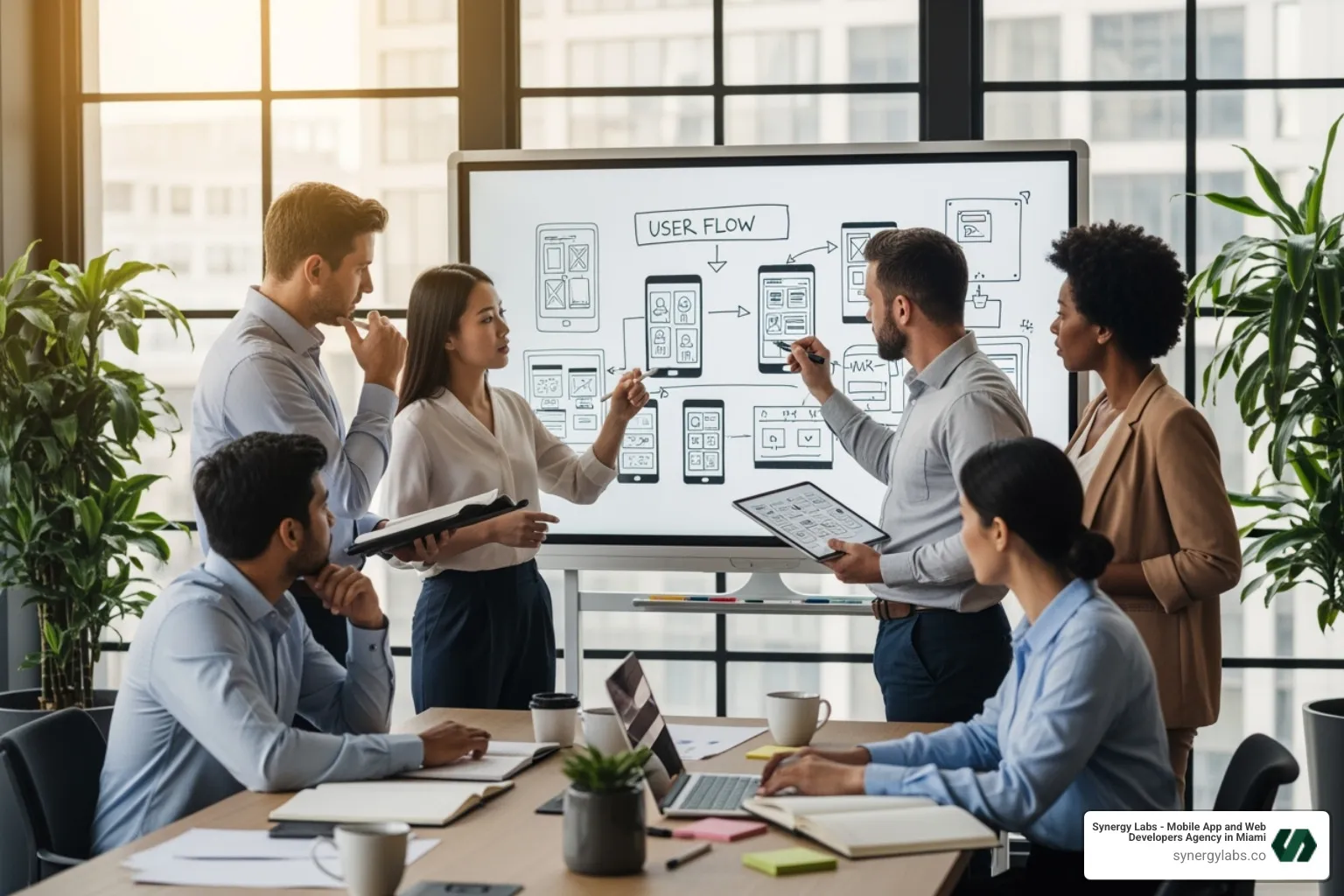 Diverse team collaborating around a whiteboard, sketching out an app's user flow - Riyadh app development, Saudi Arabia mobile app agency, custom software Riyadh, MENA mobile apps, Saudi digital product services