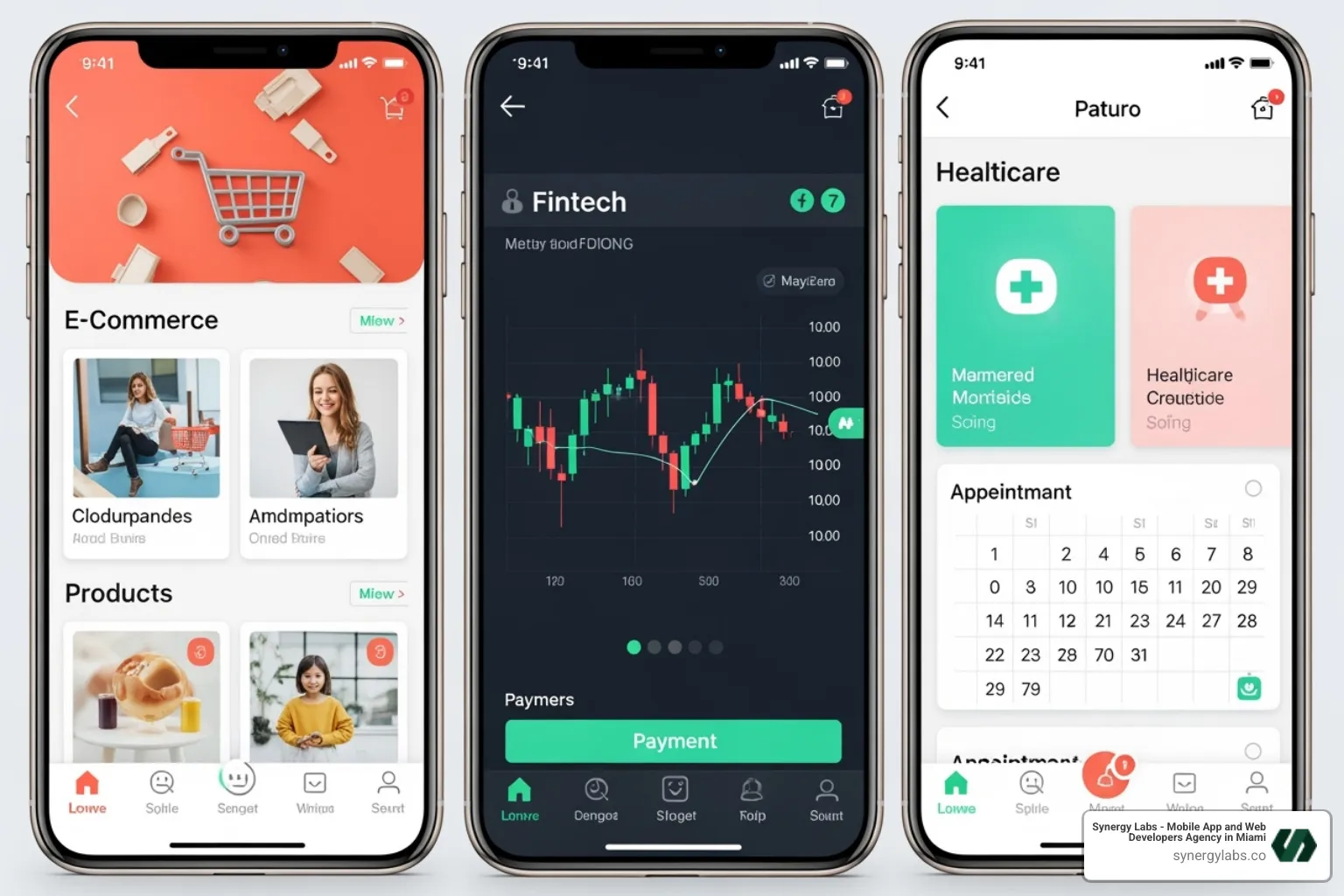 Various types of mobile apps—e-commerce, fintech, healthcare—on a smartphone screen - Riyadh app development, Saudi Arabia mobile app agency, custom software Riyadh, MENA mobile apps, Saudi digital product services