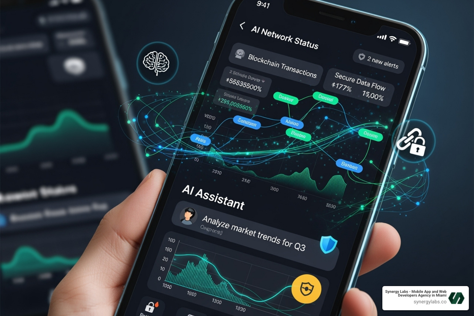 A futuristic app interface showing AI and blockchain integration - London mobile app development, UK custom app agency, European app development London, London digital product agency, London tech hub A futuristic app interface showing AI and blockchain integration - London mobile app development, UK custom app agency, European app development London, London digital product agency, London tech hub