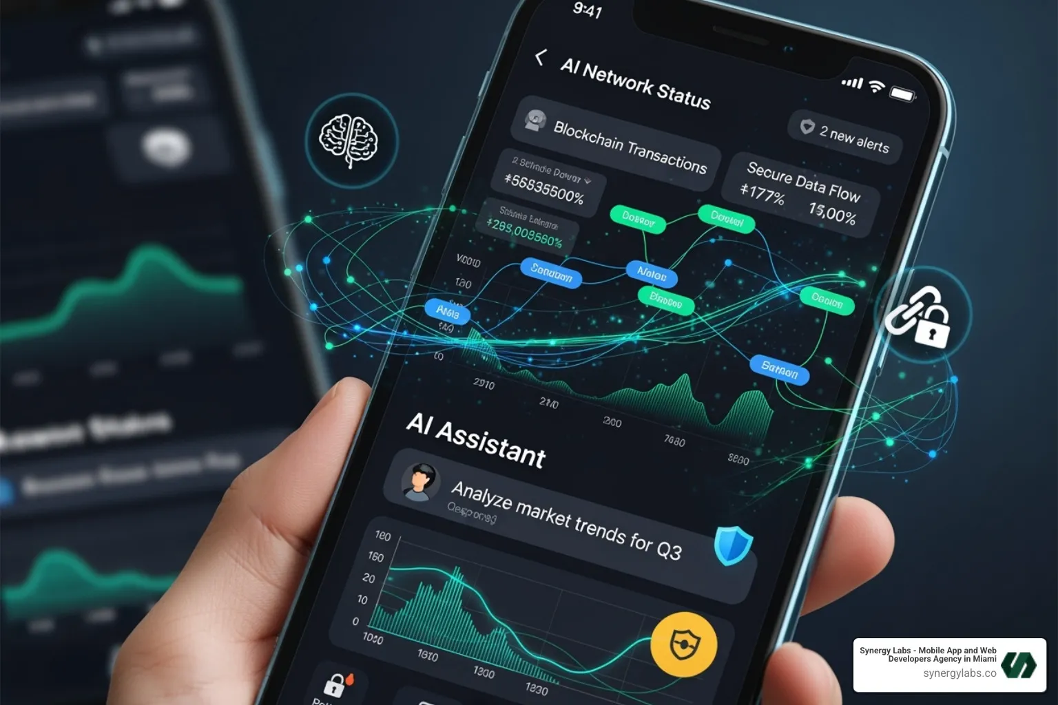 A futuristic app interface showing AI and blockchain integration - London mobile app development, UK custom app agency, European app development London, London digital product agency, London tech hub A futuristic app interface showing AI and blockchain integration - London mobile app development, UK custom app agency, European app development London, London digital product agency, London tech hub