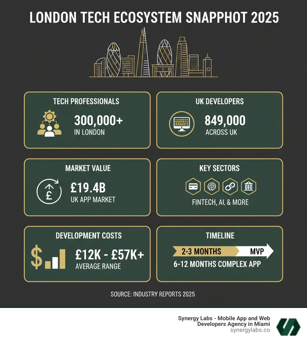 Infographic showing London's tech ecosystem statistics: 300,000+ tech professionals, 849,000 UK developers, £19.4B market value, key sectors including fintech and AI, average development costs from £12k to £57k+, and timeline ranges from 2-3 months for MVP to 12 months for complex apps - London mobile app development, UK custom app agency, European app development London, London digital product agency, London tech hub infographic Infographic showing London's tech ecosystem statistics: 300,000+ tech professionals, 849,000 UK developers, £19.4B market value, key sectors including fintech and AI, average development costs from £12k to £57k+, and timeline ranges from 2-3 months for MVP to 12 months for complex apps - London mobile app development, UK custom app agency, European app development London, London digital product agency, London tech hub infographic