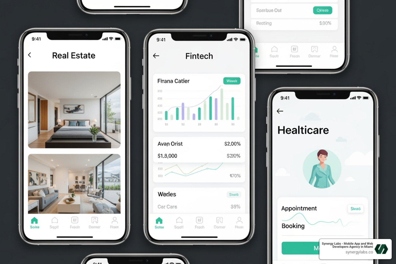 Collage of app interfaces for real estate, fintech, and healthcare, showcasing diverse functionalities - From UAE Innovation to Mobile Impact: Why Dubai Is the Epicenter for Custom App Development