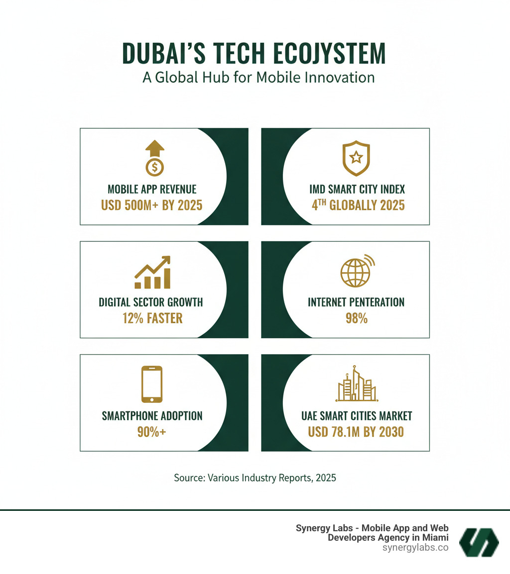 Infographic showing Dubai's tech ecosystem: UAE mobile app revenue projected to exceed USD 500 million by 2025, Dubai ranked 4th in IMD Smart City Index 2025, digital sector growing 12% faster than other industries, 98% internet penetration, 90%+ smartphone adoption, and UAE smart cities market reaching $78.1 million by 2030 - From UAE Innovation to Mobile Impact: Why Dubai Is the Epicenter for Custom App Development infographic 