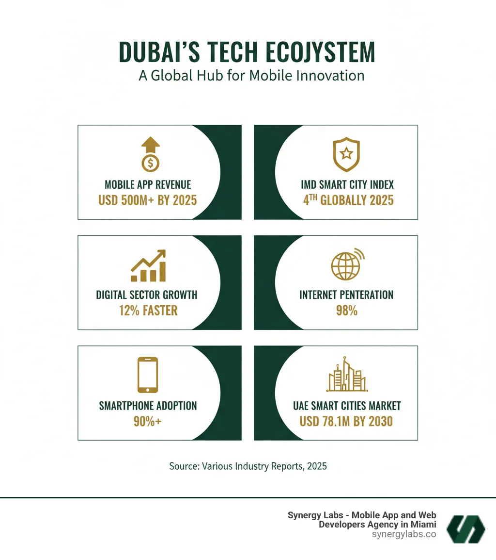 Infographic showing Dubai's tech ecosystem: UAE mobile app revenue projected to exceed USD 500 million by 2025, Dubai ranked 4th in IMD Smart City Index 2025, digital sector growing 12% faster than other industries, 98% internet penetration, 90%+ smartphone adoption, and UAE smart cities market reaching $78.1 million by 2030 - From UAE Innovation to Mobile Impact: Why Dubai Is the Epicenter for Custom App Development infographic Infographic showing Dubai's tech ecosystem: UAE mobile app revenue projected to exceed USD 500 million by 2025, Dubai ranked 4th in IMD Smart City Index 2025, digital sector growing 12% faster than other industries, 98% internet penetration, 90%+ smartphone adoption, and UAE smart cities market reaching $78.1 million by 2030 - From UAE Innovation to Mobile Impact: Why Dubai Is the Epicenter for Custom App Development infographic