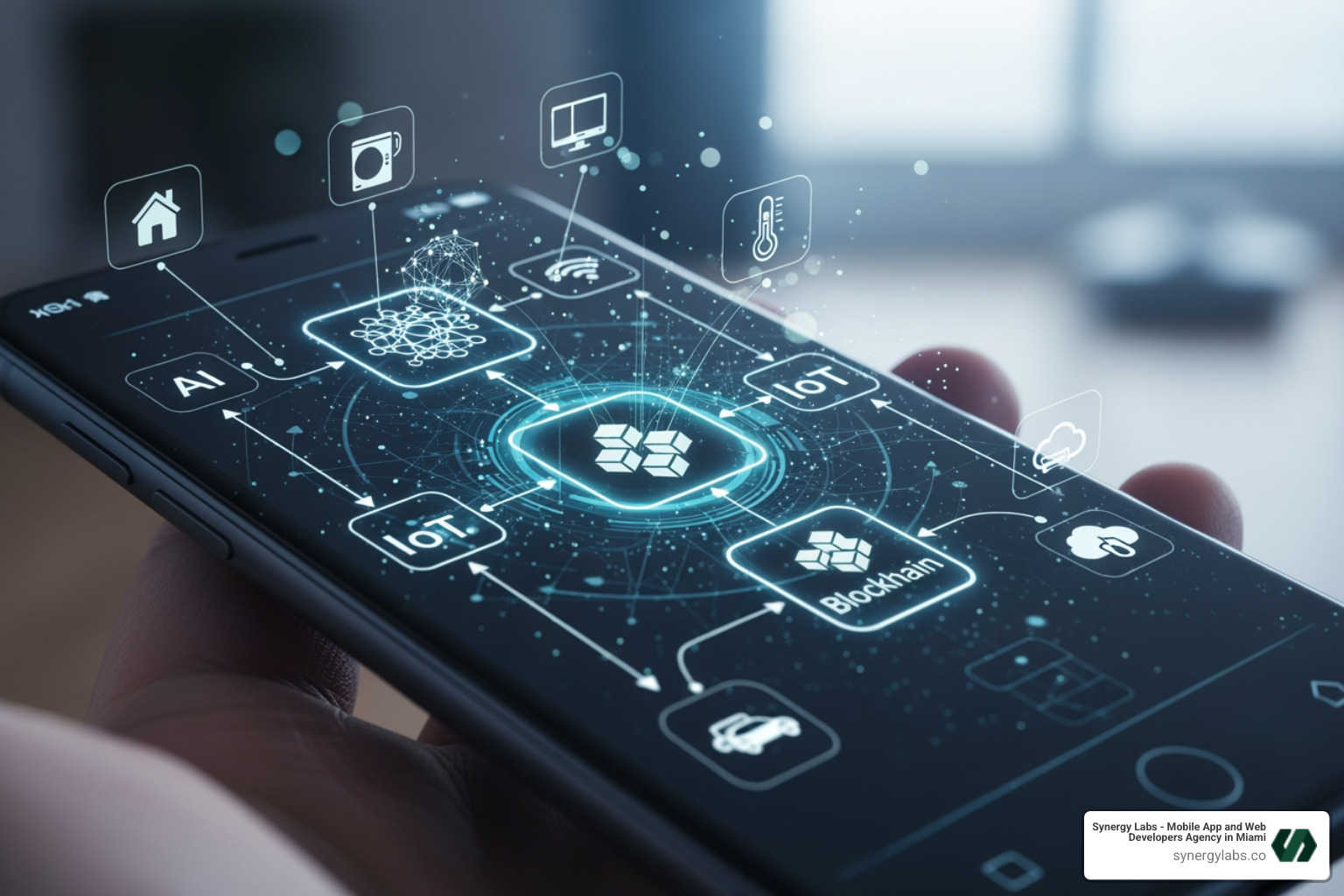 An image illustrating the integration of AI, IoT, and Blockchain in a mobile app, showing data flow and smart device connections - From UAE Innovation to Mobile Impact: Why Dubai Is the Epicenter for Custom App Development