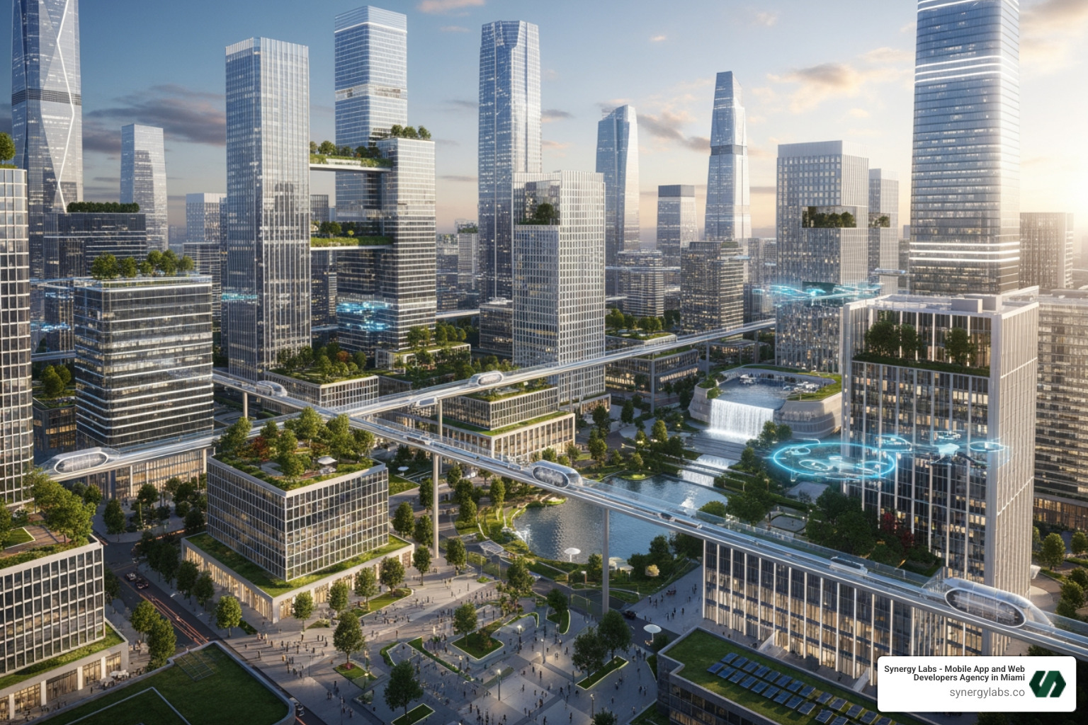 A digital rendering of a smart city project in Dubai, with interconnected buildings and green spaces - From UAE Innovation to Mobile Impact: Why Dubai Is the Epicenter for Custom App Development
