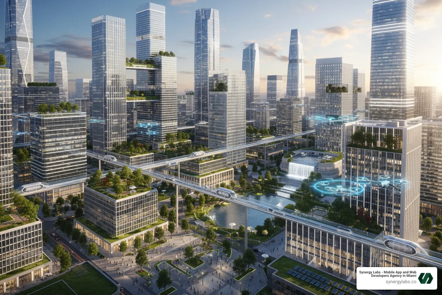 A digital rendering of a smart city project in Dubai, with interconnected buildings and green spaces - From UAE Innovation to Mobile Impact: Why Dubai Is the Epicenter for Custom App Development A digital rendering of a smart city project in Dubai, with interconnected buildings and green spaces - From UAE Innovation to Mobile Impact: Why Dubai Is the Epicenter for Custom App Development