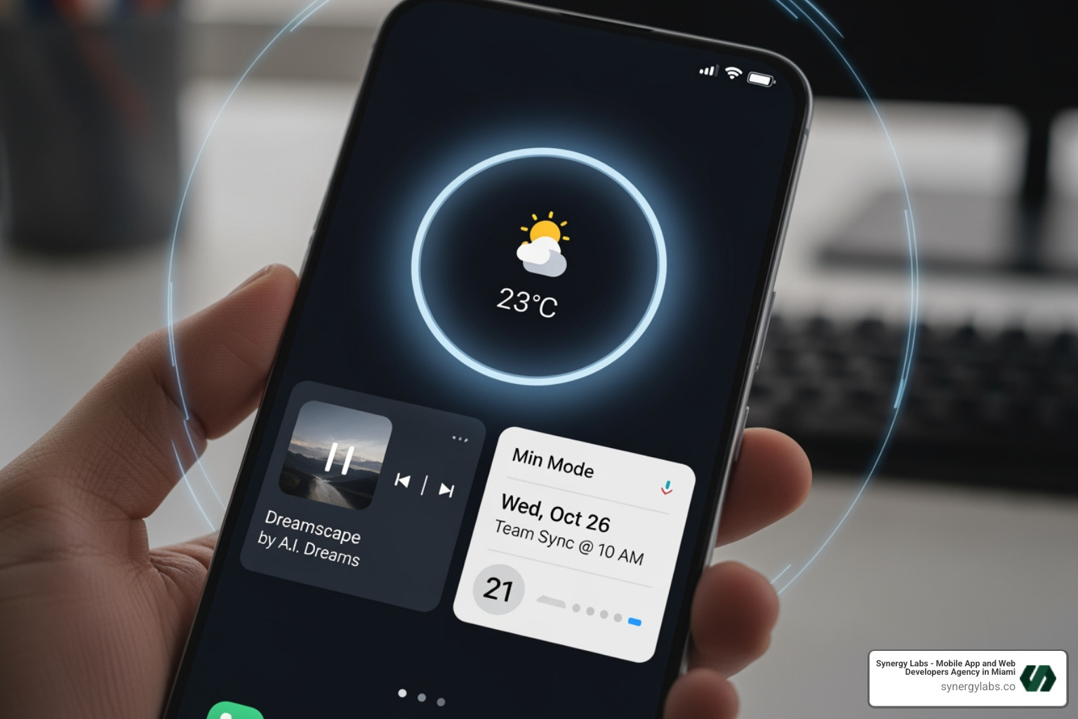 Developer's screen showing code for a minimalist Min Mode interface, highlighting API calls and design elements for a low-power, glanceable display - Android 17's "Min Mode": The New Front Door for Glanceable Apps