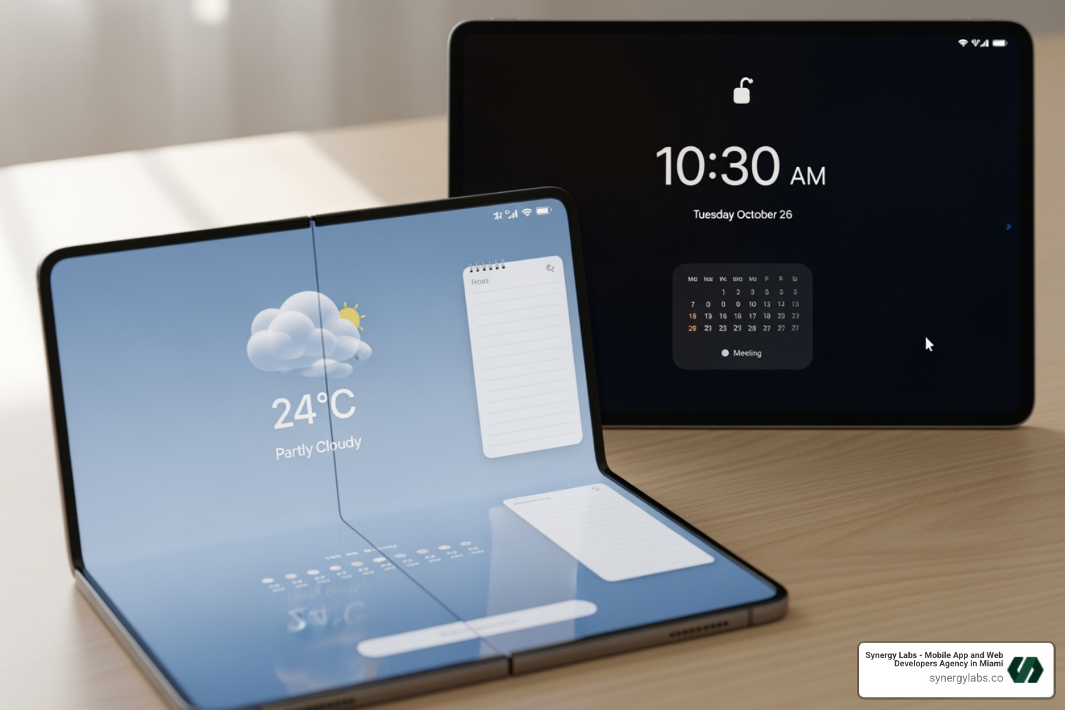 A foldable phone displaying a full-screen Min Mode app on one panel, while a tablet shows another glanceable Min Mode interface, illustrating adaptive layouts for large screens - Android 17's "Min Mode": The New Front Door for Glanceable Apps