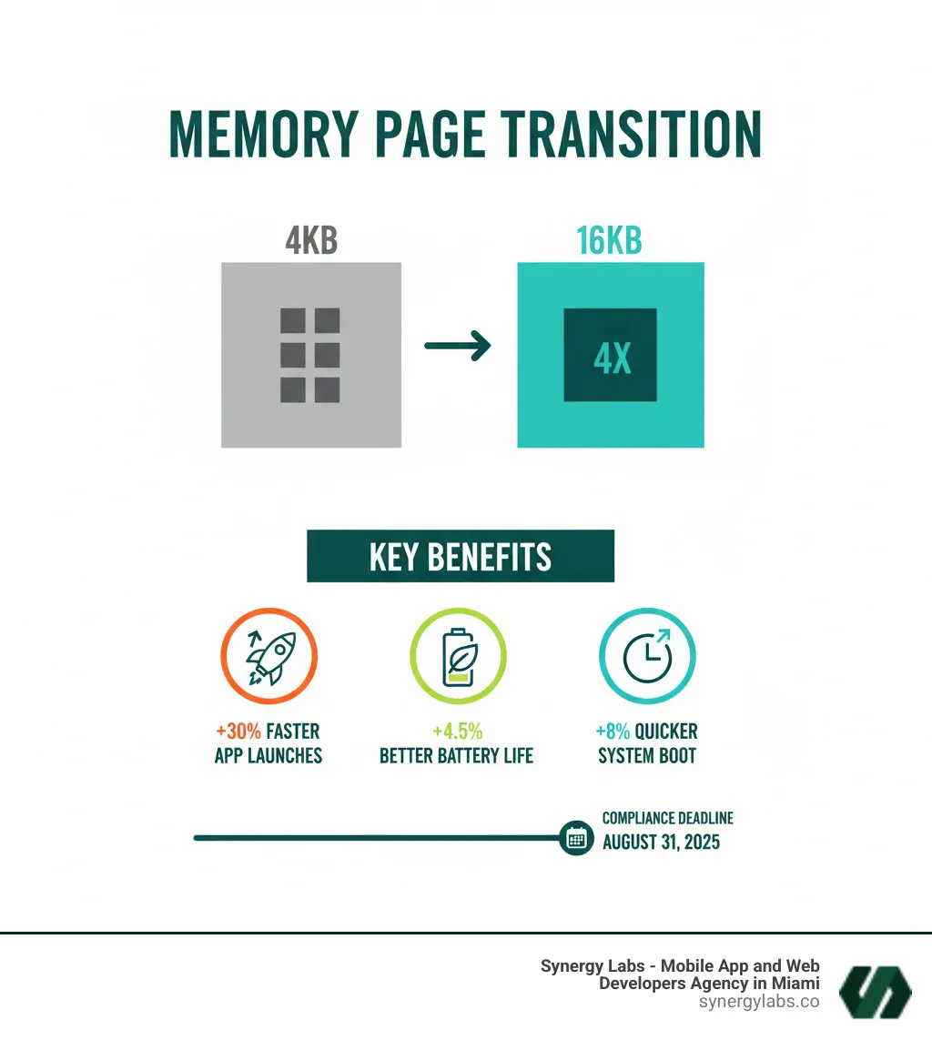 Infographic showing the transition from 4KB to 16KB memory pages with three key benefits: 30% faster app launches, 4.5% better battery life, and 8% quicker system boot times, plus a timeline showing the August 31 2025 compliance deadline - Avoid the Blocker: A PM/Dev Guide to Google Play’s 16 KB Compliance infographic Infographic showing the transition from 4KB to 16KB memory pages with three key benefits: 30% faster app launches, 4.5% better battery life, and 8% quicker system boot times, plus a timeline showing the August 31 2025 compliance deadline - Avoid the Blocker: A PM/Dev Guide to Google Play’s 16 KB Compliance infographic