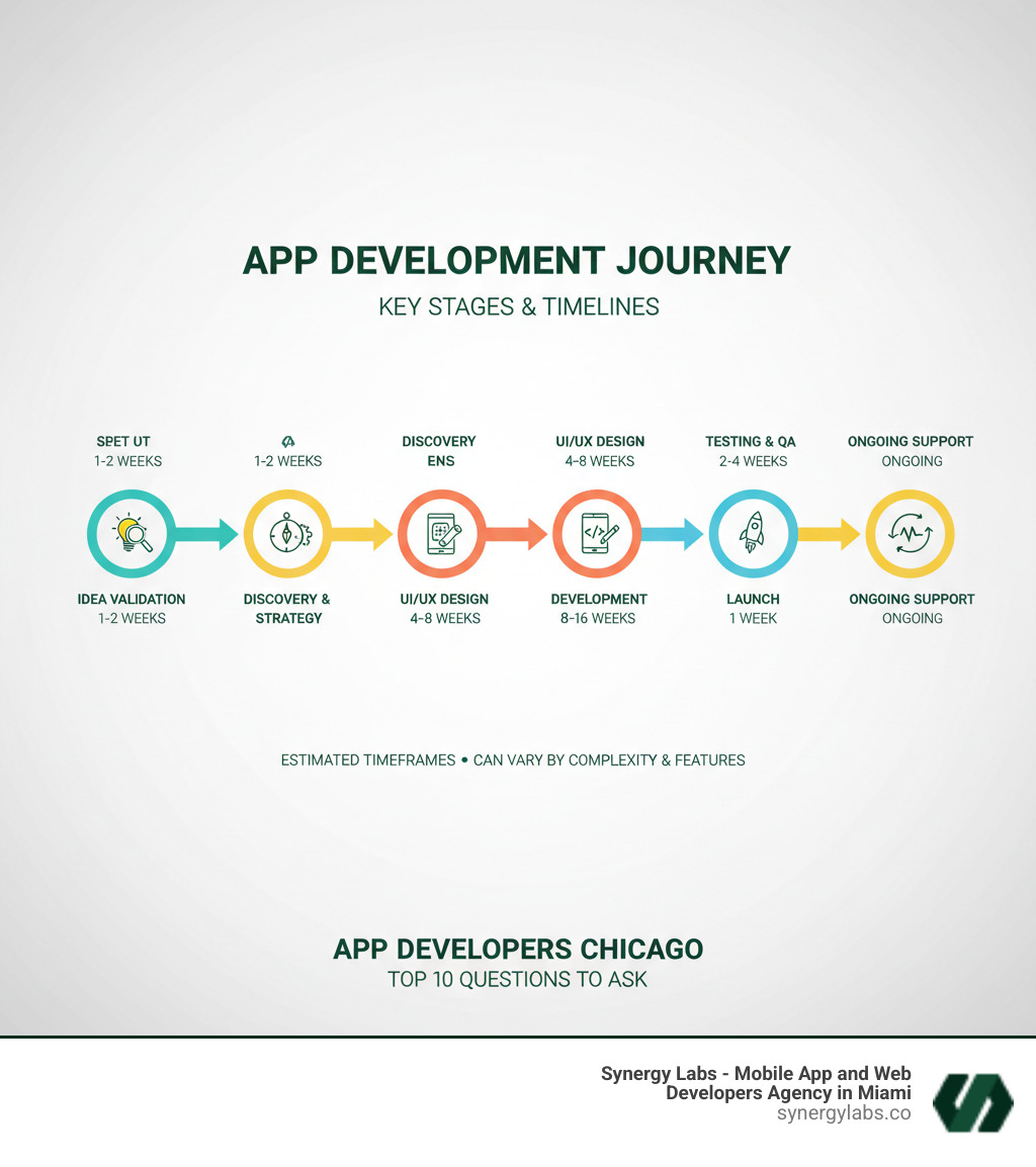 Infographic showing the key stages of app development from idea validation through discovery, design, development, testing, launch, and ongoing support with estimated timeframes for each phase - App Developers Chicago: Top 10 Questions to Ask Before You Hire infographic 