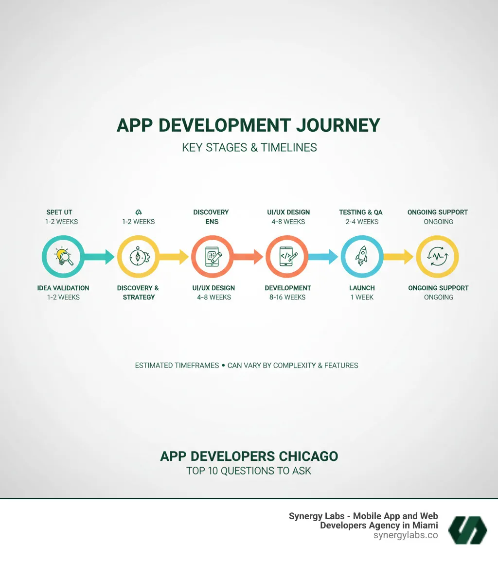Infographic showing the key stages of app development from idea validation through discovery, design, development, testing, launch, and ongoing support with estimated timeframes for each phase - App Developers Chicago: Top 10 Questions to Ask Before You Hire infographic Infographic showing the key stages of app development from idea validation through discovery, design, development, testing, launch, and ongoing support with estimated timeframes for each phase - App Developers Chicago: Top 10 Questions to Ask Before You Hire infographic