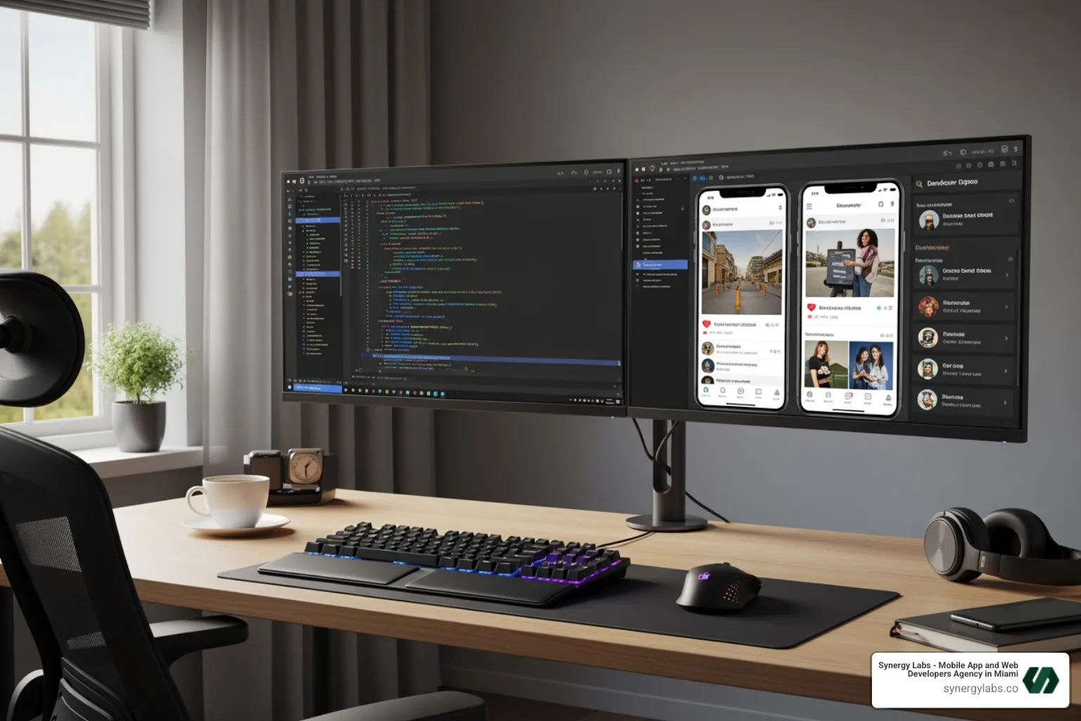 Image of a developer's dual-monitor setup showing code on one screen and the app emulator on the other - Mobile App Development Agency: What to Expect from Discovery to Launch
