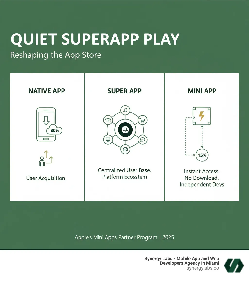 Infographic showing three columns: 1) Native App - full standalone download from App Store, takes up device storage, 30% commission, requires user acquisition. 2) Super App - large host application containing multiple mini-apps, centralized user base, platform ecosystem. 3) Mini App - lightweight HTML/JS app running inside a host, no separate download needed, 15% commission, instant access to host's users, independent developer requirement - Apple’s Mini Apps Partner Program: The Quiet Superapp Play That Could Reshape the App Store infographic Infographic showing three columns: 1) Native App - full standalone download from App Store, takes up device storage, 30% commission, requires user acquisition. 2) Super App - large host application containing multiple mini-apps, centralized user base, platform ecosystem. 3) Mini App - lightweight HTML/JS app running inside a host, no separate download needed, 15% commission, instant access to host's users, independent developer requirement - Apple’s Mini Apps Partner Program: The Quiet Superapp Play That Could Reshape the App Store infographic