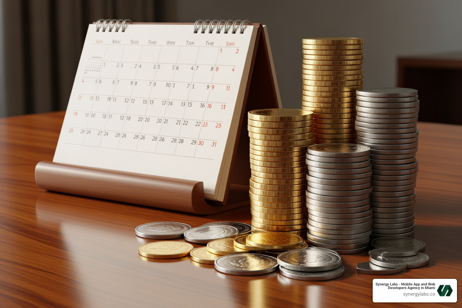 calendar and stacks of coins - Mobile App Development Agency Chicago: The Complete Buyer's Guide