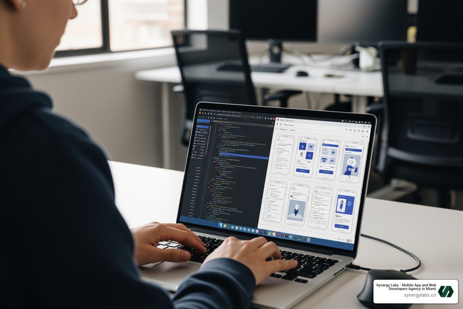 developer typing on laptop with code and UI/UX wireframes - Mobile App Development Agency Chicago: The Complete Buyer's Guide