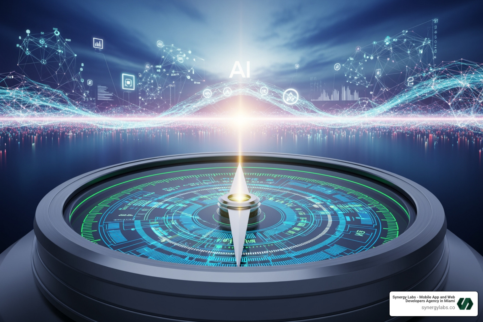 Compass pointing towards "Future AI Trends" - Building Smarter Apps in 2025: AI Personalization, Predictive Models, and NLP UI