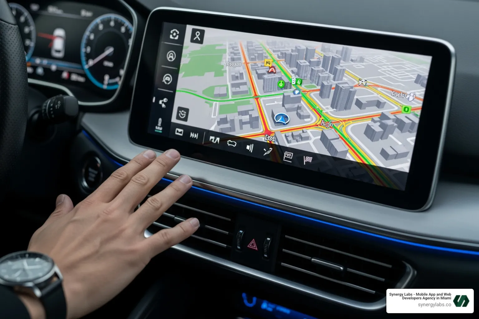 A modern car's center stack displaying a voice-activated navigation map, with a driver's hand hovering near the screen, indicating interaction. - VUI Best Practices: Conversational UX for Connected Cars and Smart Devices