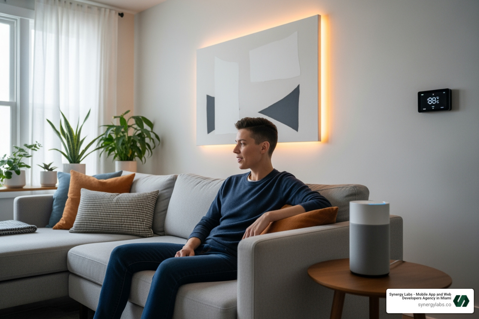 A person comfortably sitting on a couch, using voice commands to adjust smart home lighting and thermostat settings through a smart speaker on a nearby table. - VUI Best Practices: Conversational UX for Connected Cars and Smart Devices