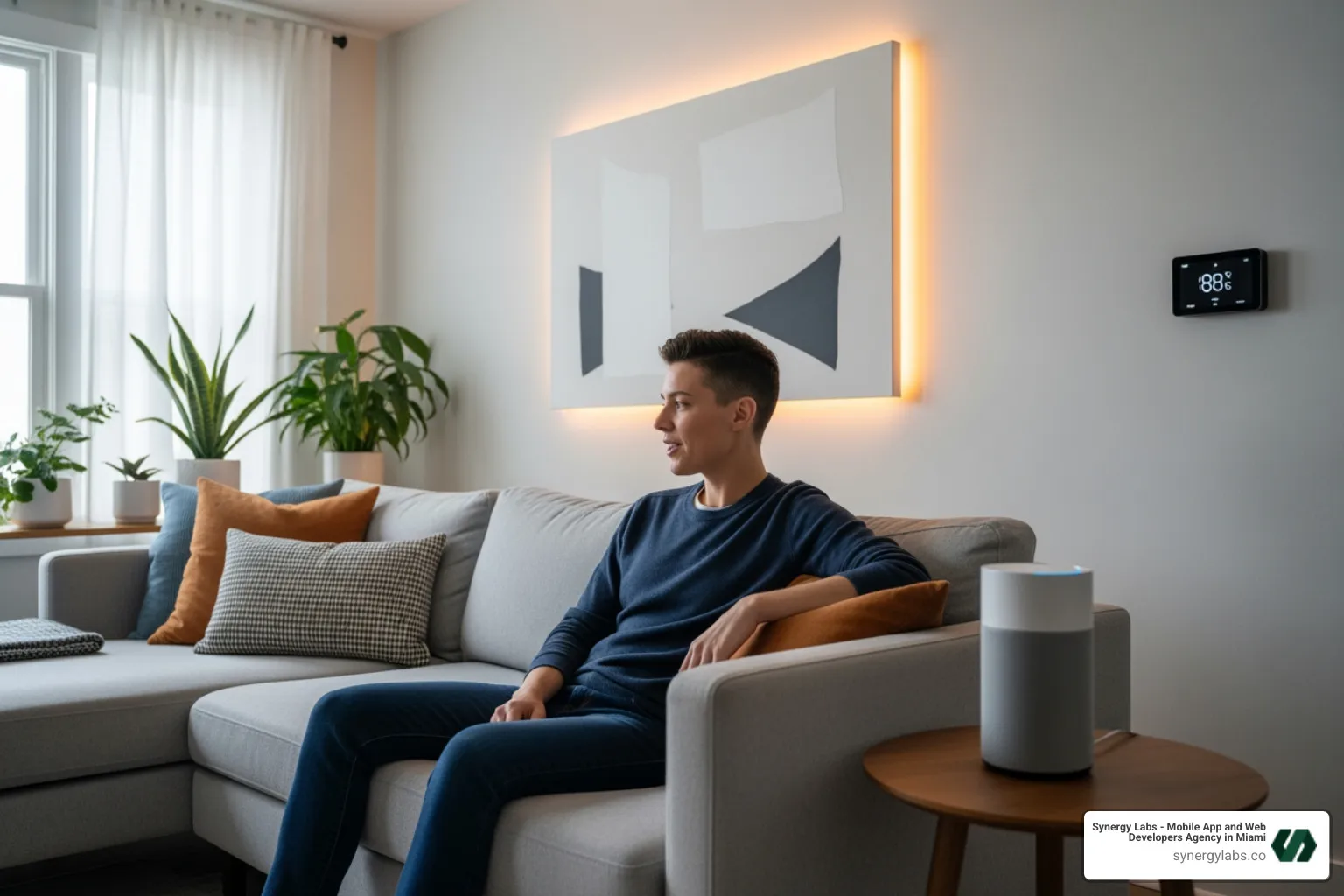 A person comfortably sitting on a couch, using voice commands to adjust smart home lighting and thermostat settings through a smart speaker on a nearby table. - VUI Best Practices: Conversational UX for Connected Cars and Smart Devices